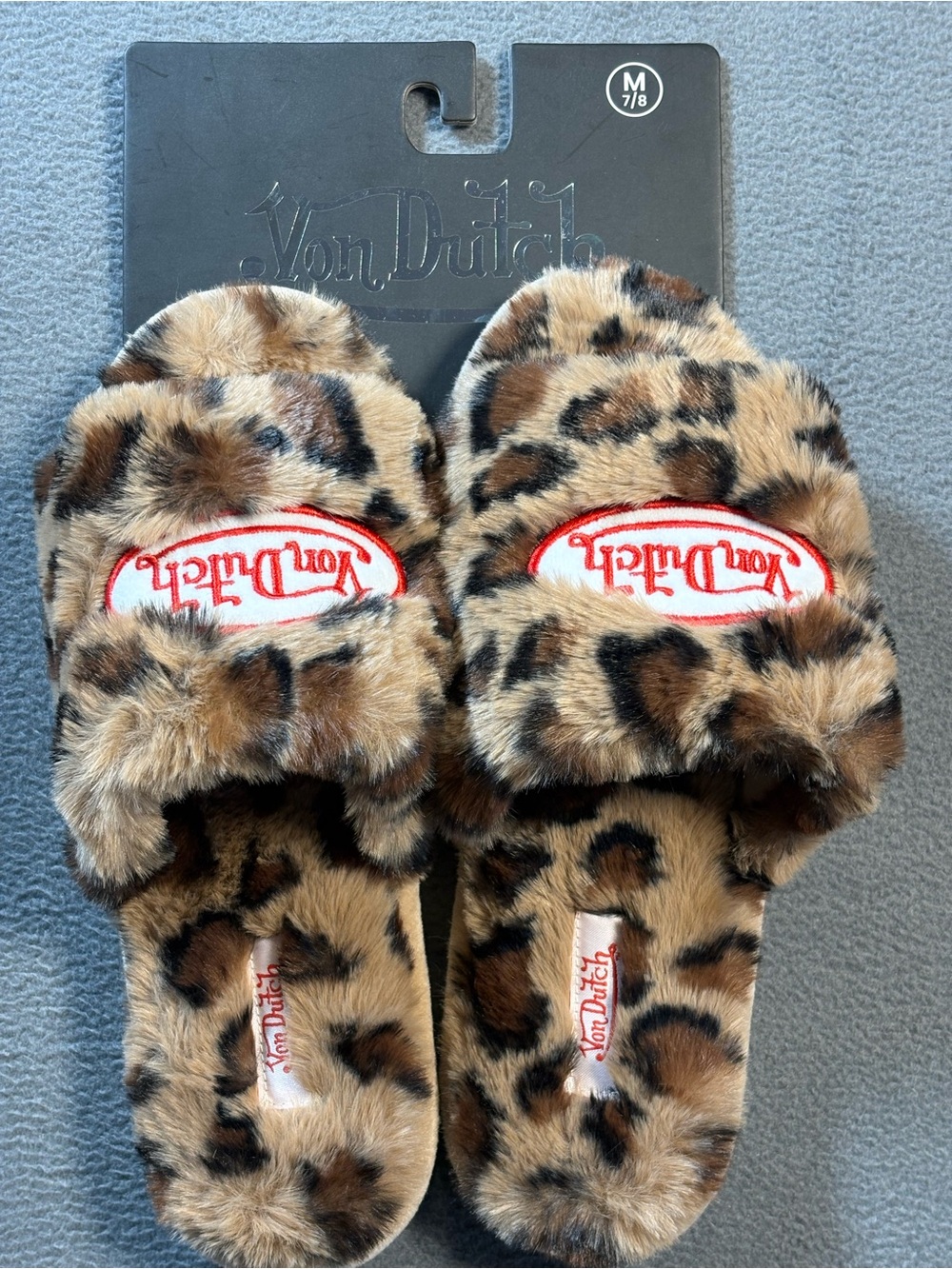 Von Dutch Leopard Faux Fur Slide Slippers in Tan and Black